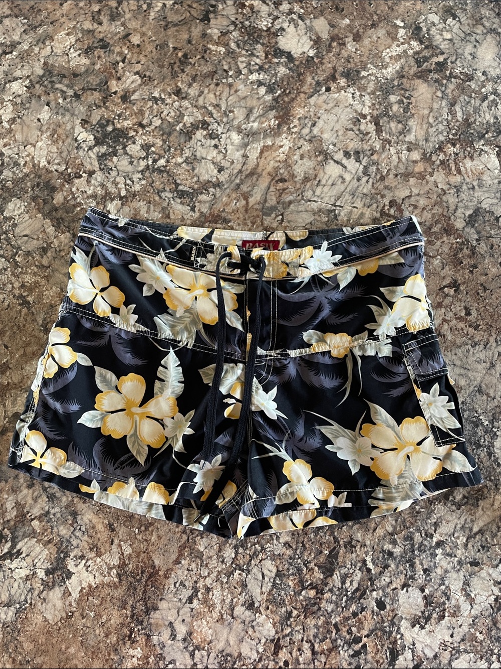 Basix Girl’s Y2K Black Tropical Low Rise Drawstring Cargo Swim Shorts Girls XL